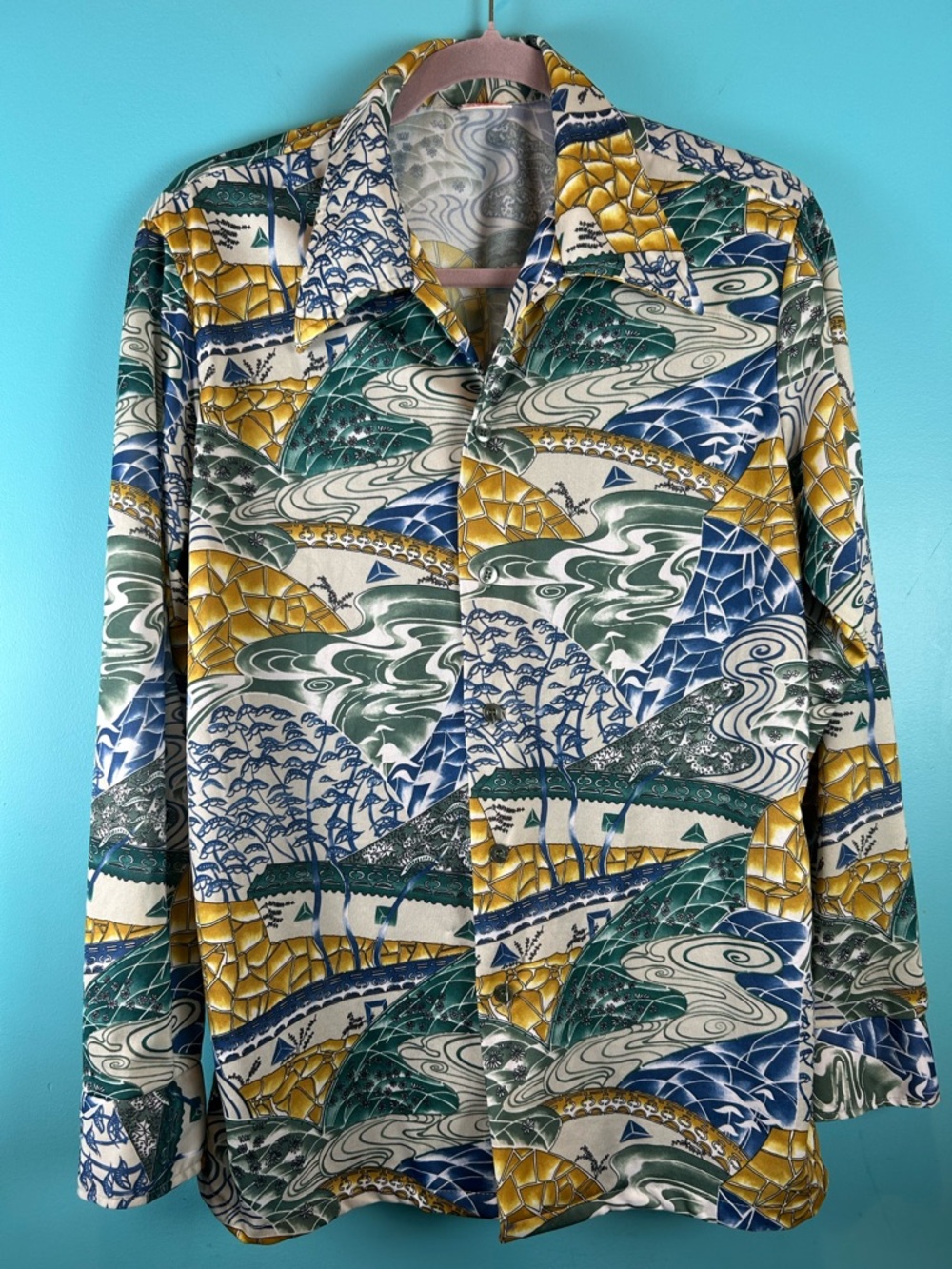 Vintage Polyester Oceanic Patterned Button-Down Blue, Green & Gold